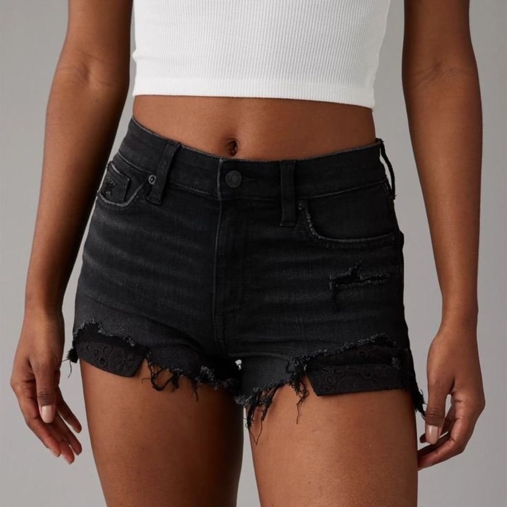American Eagle Next Level Stretch High-Rise Shortie Black Distressed Denim 8 29W